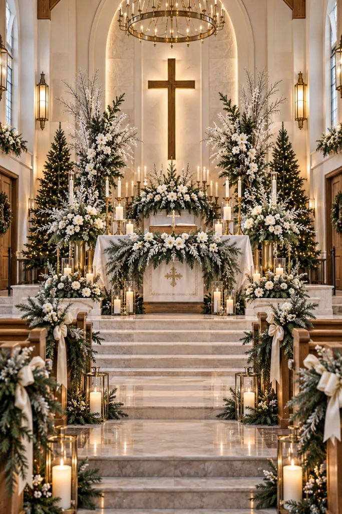Snowy greenery church altar backdrop with frosted branches, white flowers, evergreen foliage, candles, and elegant modern winter styling.