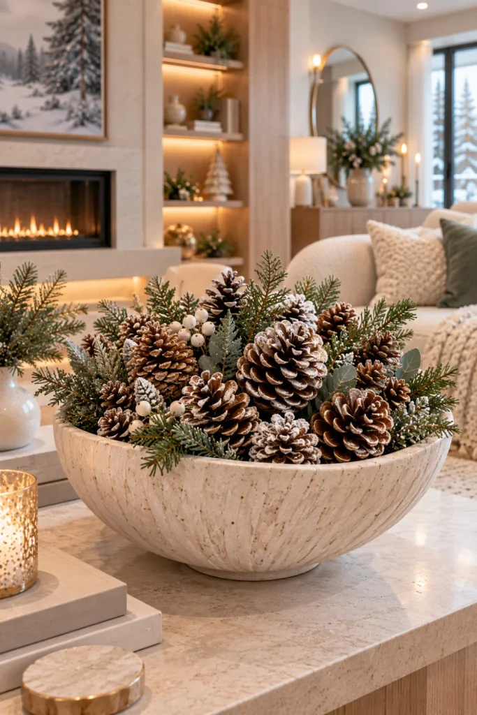 Snowy pinecone bowl filler in a large neutral ceramic bowl with evergreen berries and modern winter coffee table styling.