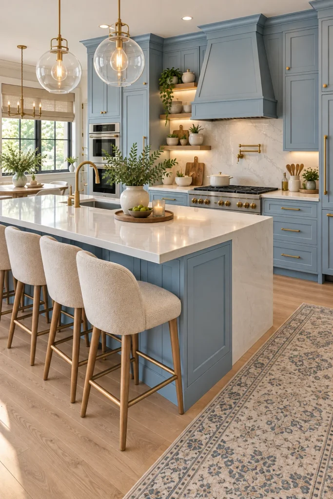 Soft blue painted kitchen cabinets with creamy quartz counters, natural oak island, brass fixtures, black-framed windows, modern pendant lighting, and elegant neutral decor.