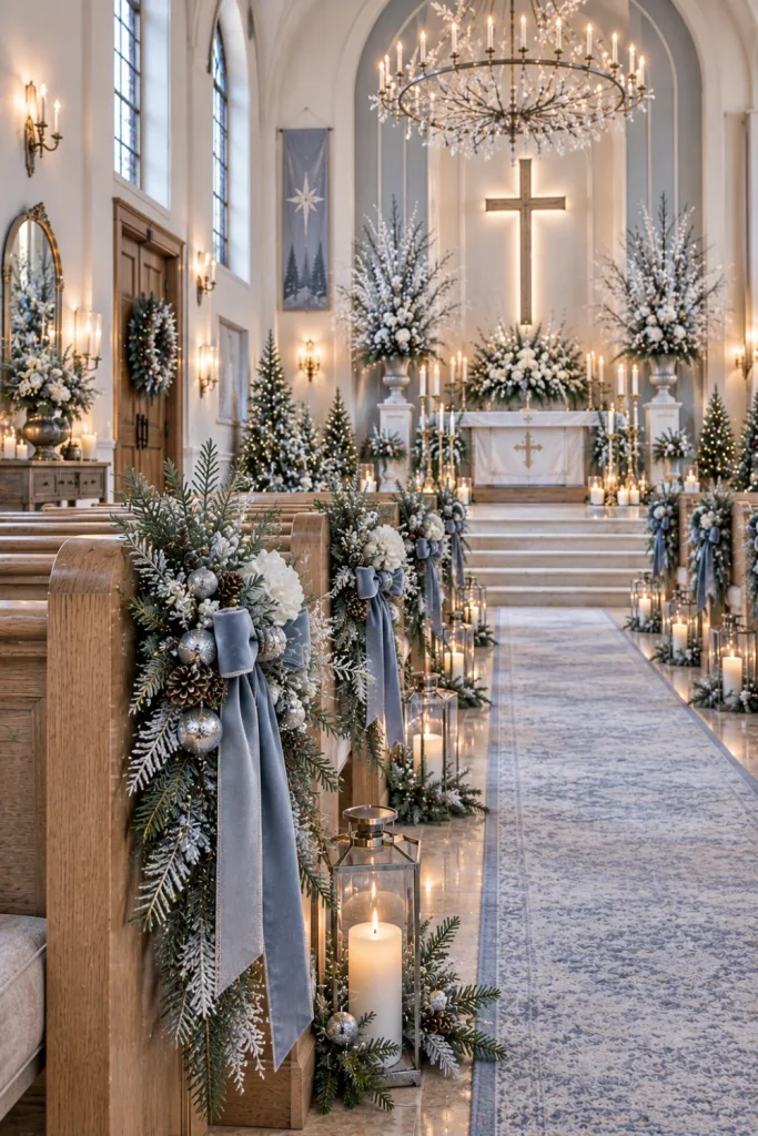 Soft blue and silver winter church sanctuary with frosted greenery, white flowers, decorated pews, candles, and elegant modern accents.