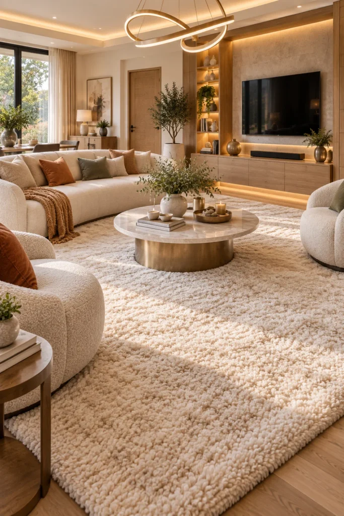 Soft cream plush carpet styled in a bright luxury modern living room with curved seating, warm wood cabinetry, contemporary lighting, and elegant neutral decor.