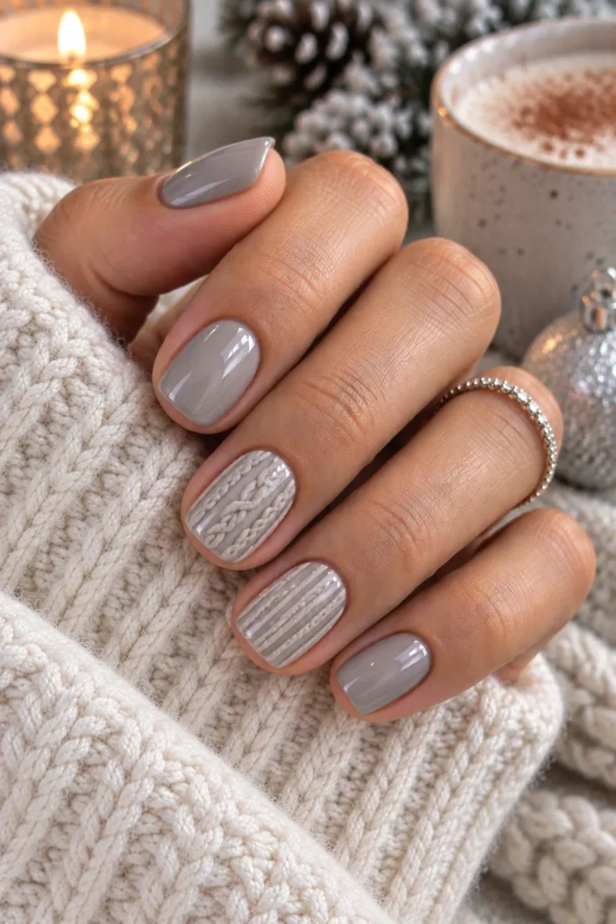 Soft gray short sweater nails with subtle knit-inspired texture, glossy neutral finish, and cozy modern winter styling.