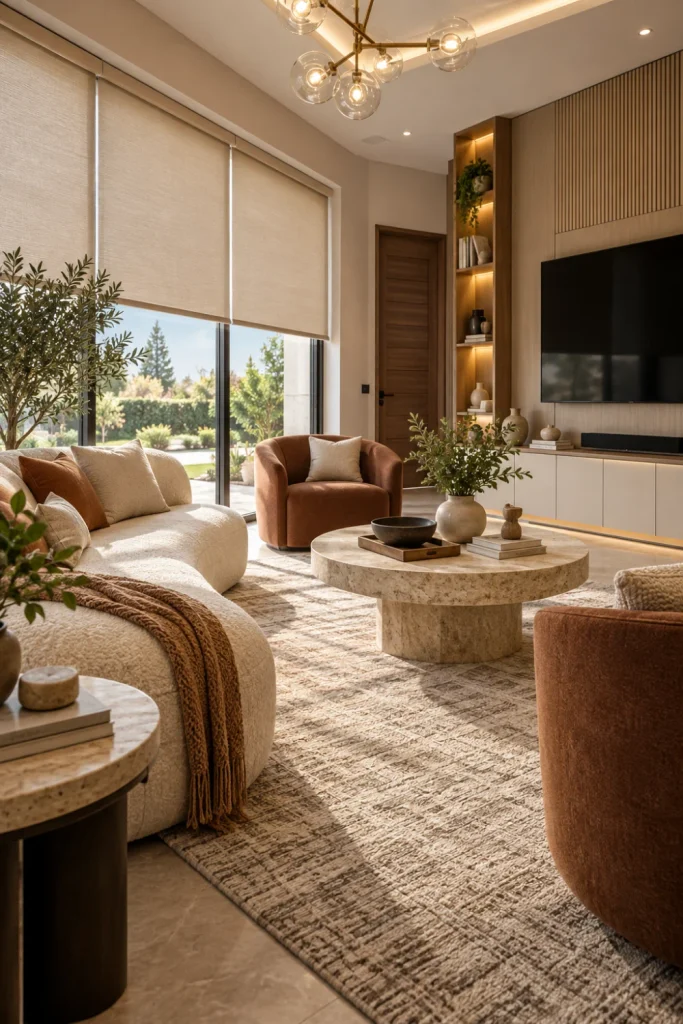 Soft neutral roller blinds in a luxurious modern living room with beige, cream, taupe, and warm gray decor, natural light, and contemporary furniture.
