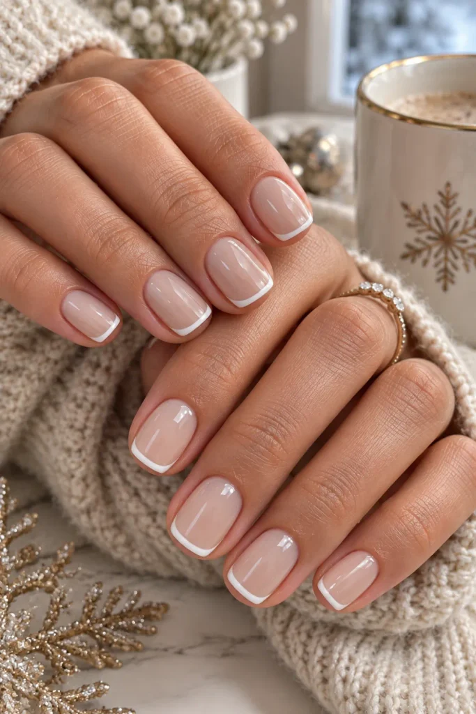 Short, soft, nude French tip nails with crisp white micro tips, glossy finish, and elegant winter styling for 2026.