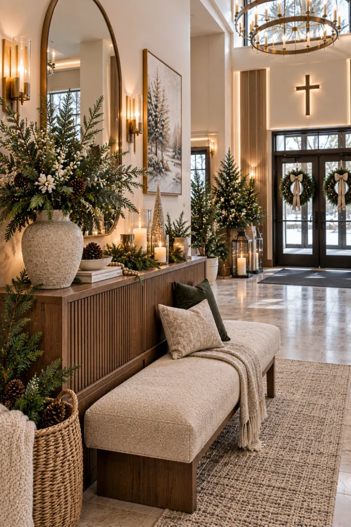 Sophisticated neutral winter church lobby with evergreen branches, warm wood, modern furniture, an organic mirror, and elegant lighting.