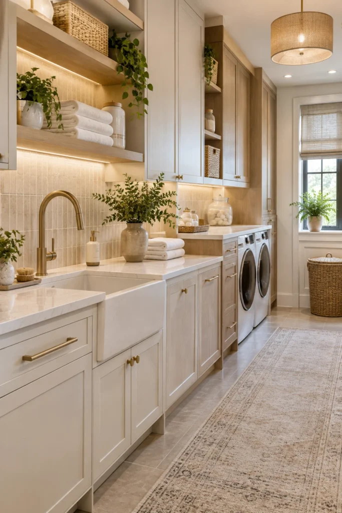 Spa-inspired modern laundry room featuring soft neutral cabinetry, warm wood, a natural stone countertop, an elegant backsplash, woven accents, and calming natural light.