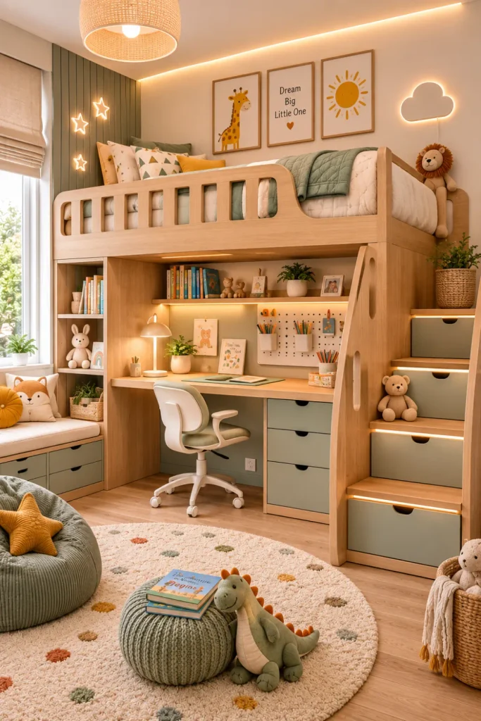 Space-saving modern kids’ room with a loft bed, built-in desk, smart storage, light wood furniture, sage green accents, and contemporary 2026 decor.