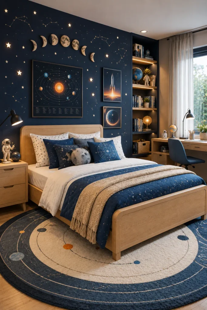 Modern space-themed boy’s bedroom with deep blue walls, celestial decor, natural wood furniture, glowing star accents, and stylish 2026 kids’ room design.