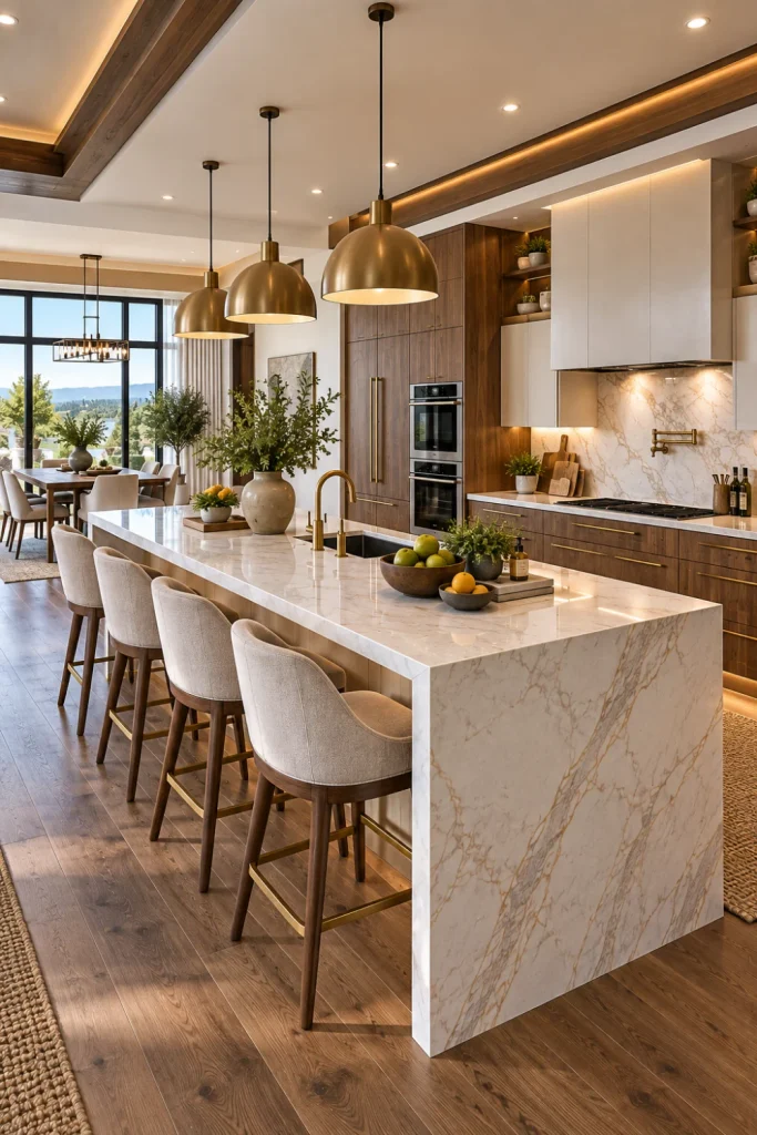 Spacious island-centered modern open kitchen with luxury cabinetry, elegant pendant lighting, warm wood finishes, and easy-flow layout.
