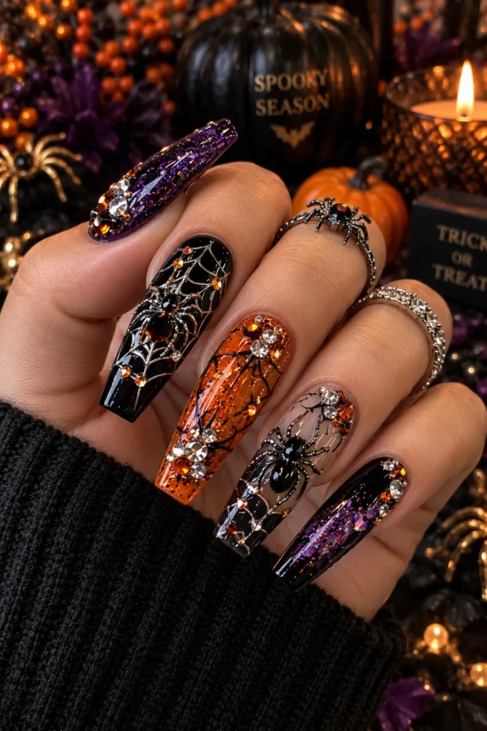 Spiderweb rhinestone chunky Halloween nails with raised webs, black polish, glitter, crystals, and dimensional spider accents.