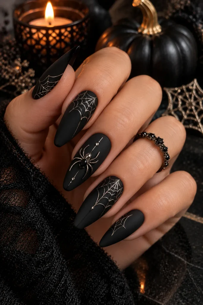 Spooky matte black Halloween nails with intricate spiderweb accents and a sleek contemporary 2026 finish.