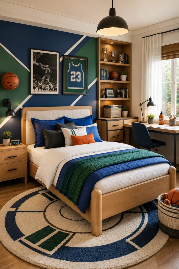 Stylish modern sports-inspired boy’s bedroom with a contemporary bed, organized sports displays, blue and green accents, wood furniture, and 2026 decor.