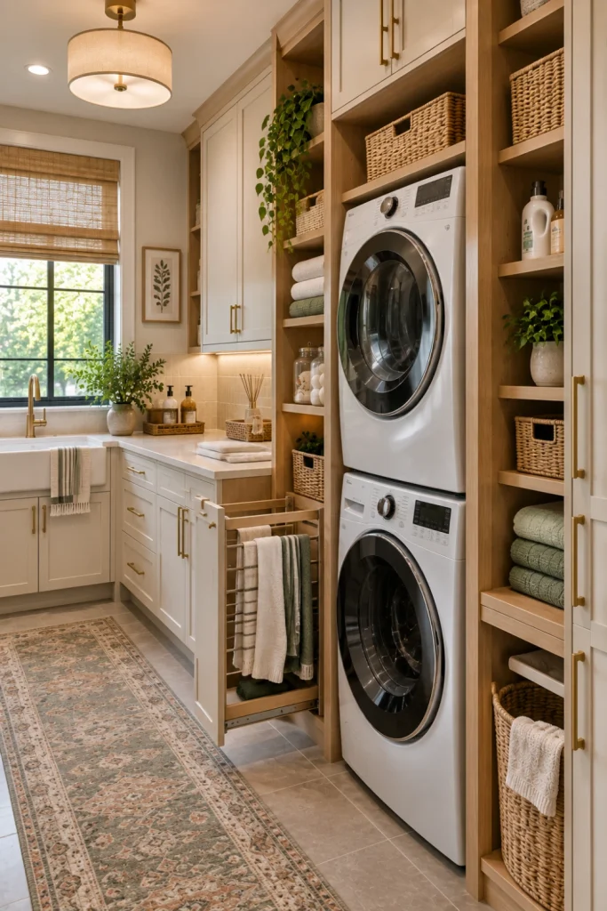 Compact modern laundry room with stacked washer and dryer, integrated cabinetry, overhead storage, folding counter, drying space, and elegant contemporary finishes.