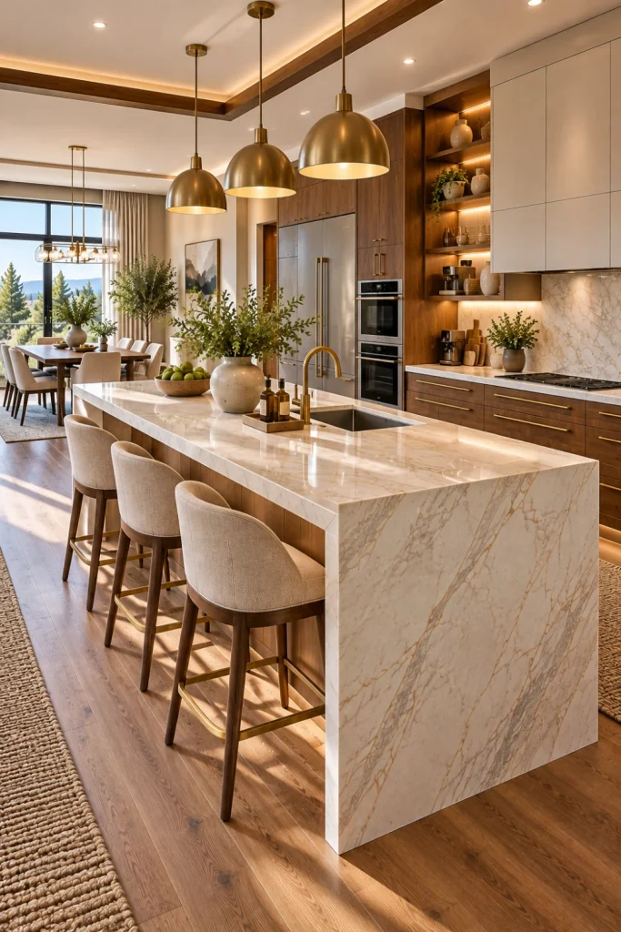 Statement island modern open kitchen with balanced cooking, dining, and storage zones, luxury finishes, warm lighting, and contemporary styling.