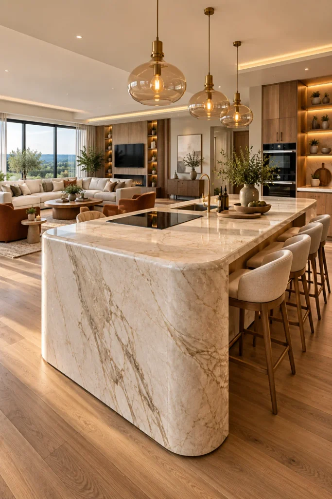 Dramatic modern kitchen island connected to an elegant lounge with cream seating, coordinated stone surfaces, sculptural lighting, wood accents, contemporary cabinetry, and layered neutral decor.