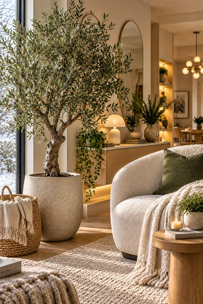 Statement olive tree in a cozy modern winter corner with a sculptural planter, neutral seating, woven basket, light wood, and warm ambient lighting.