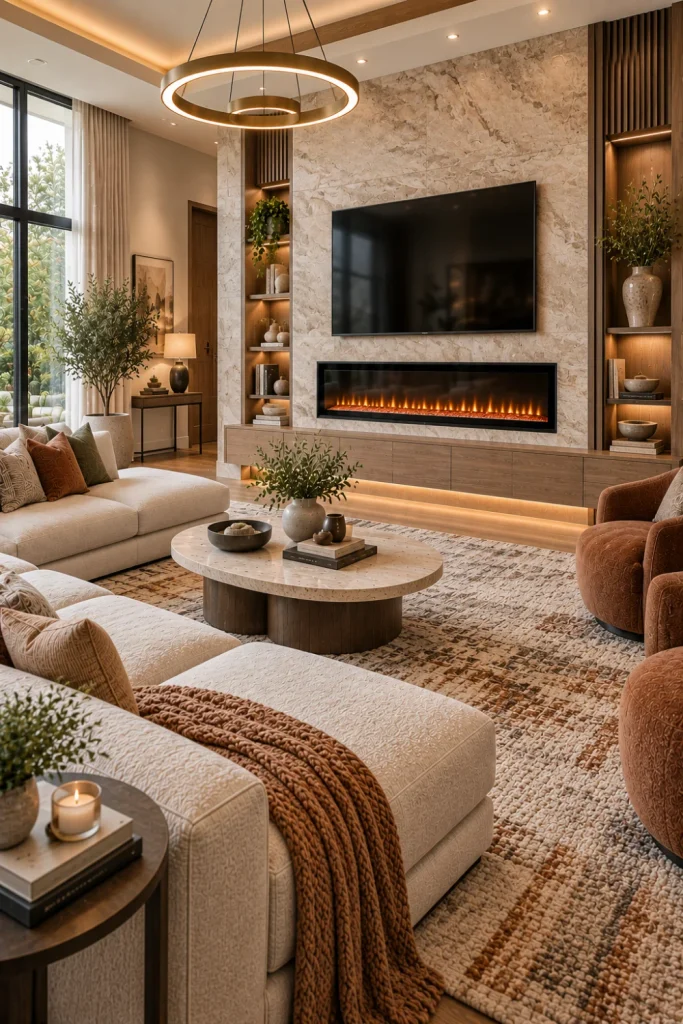 Stone-look electric fireplace feature wall with cream sectional, warm wood furniture, textured rug, modern chandelier, and cozy contemporary living room decor.