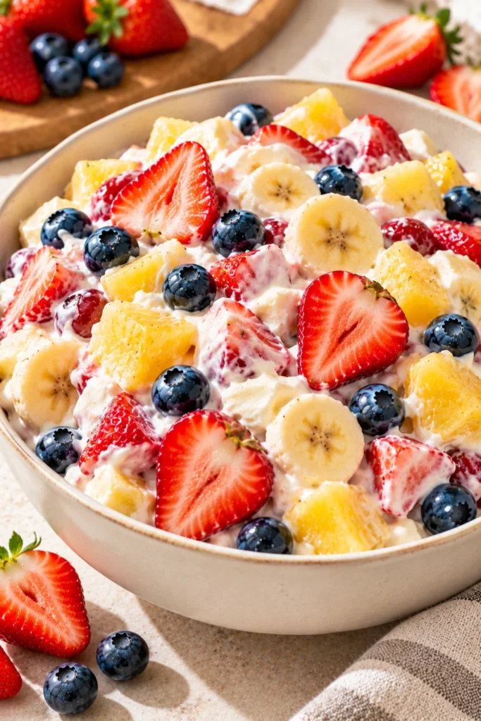 Strawberry cheesecake fruit salad with strawberries, blueberries, banana, pineapple, and a creamy cheesecake-inspired mixture in a modern serving bowl.