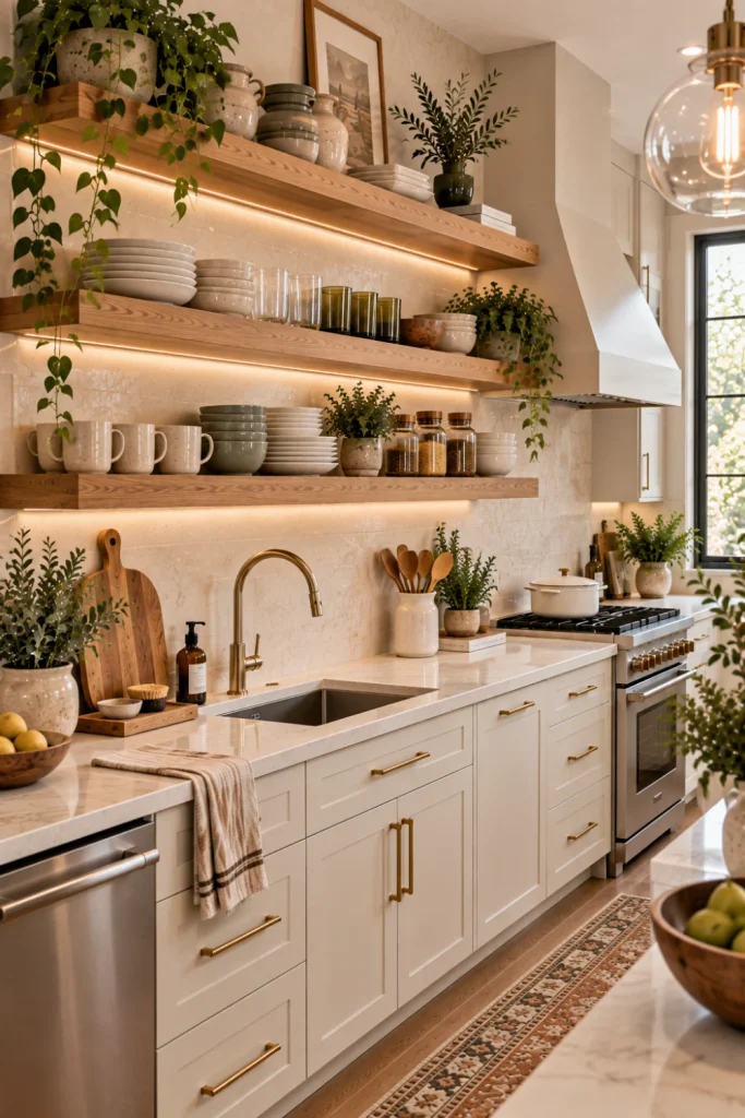 Modern kitchen open shelves neatly styled with everyday ivory plates, bowls, mugs, glassware, greenery, wooden boards, and practical cooking accessories.