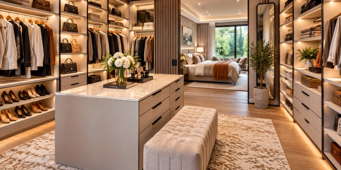 Modern walk-in closet with elegant built-in storage, warm lighting, stylish finishes, and a sophisticated bedroom connection