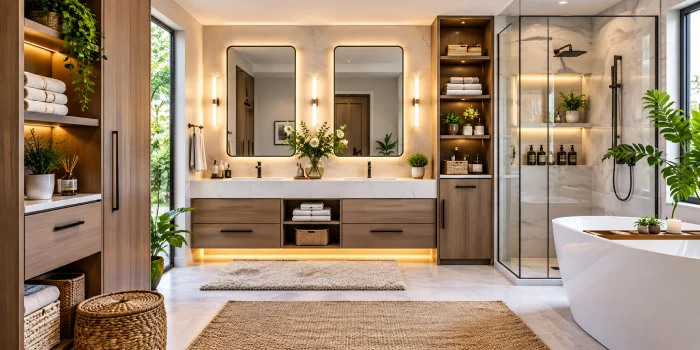 Modern bathroom with sleek built-in cabinet storage, warm wood vanity, spacious drawers, open shelving, soft neutral tiles, polished fixtures, and vibrant natural light creating a stylish organized space.