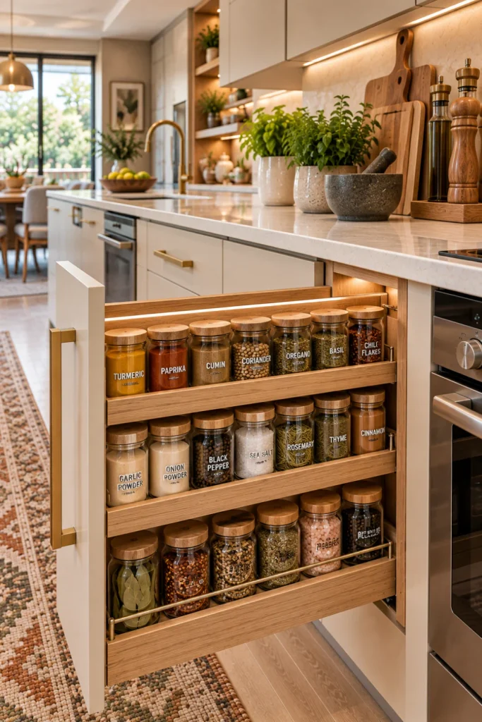 Stylish modern spice organizer with coordinated labeled jars arranged neatly in a pull-out cabinet drawer beside a contemporary kitchen prep area with warm wood and cream finishes.