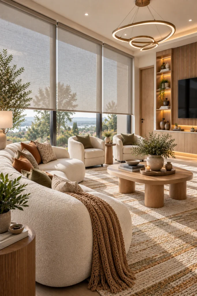 Bright luxury living room with sophisticated sunscreen roller shades over expansive windows, cream sofa, oak furnishings, textured neutral rug, contemporary wall-mounted TV, fluted wood cabinetry, warm LED accents, and stylish modern decor.