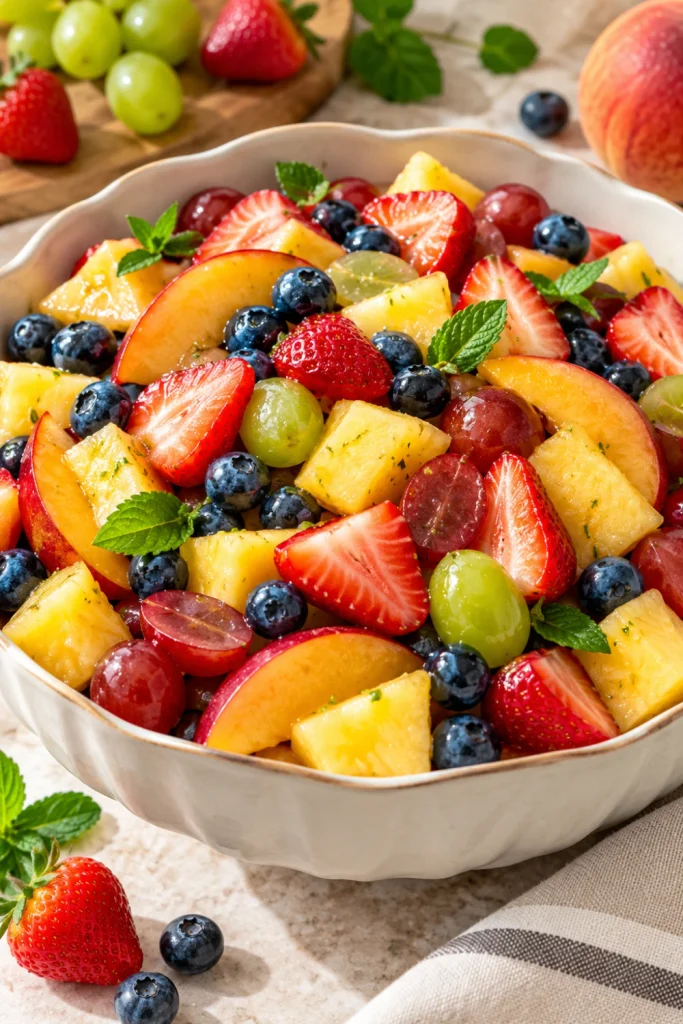Sweet summer fruit salad with strawberries, blueberries, grapes, pineapple, peaches, and a light honey citrus dressing served in a modern ceramic bowl.