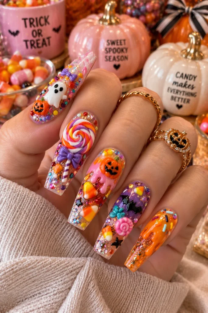 Sweet treat candy Halloween chunky nails with colorful candy pieces, sprinkles, glitter, glossy pastel shades, and playful 3D accents.