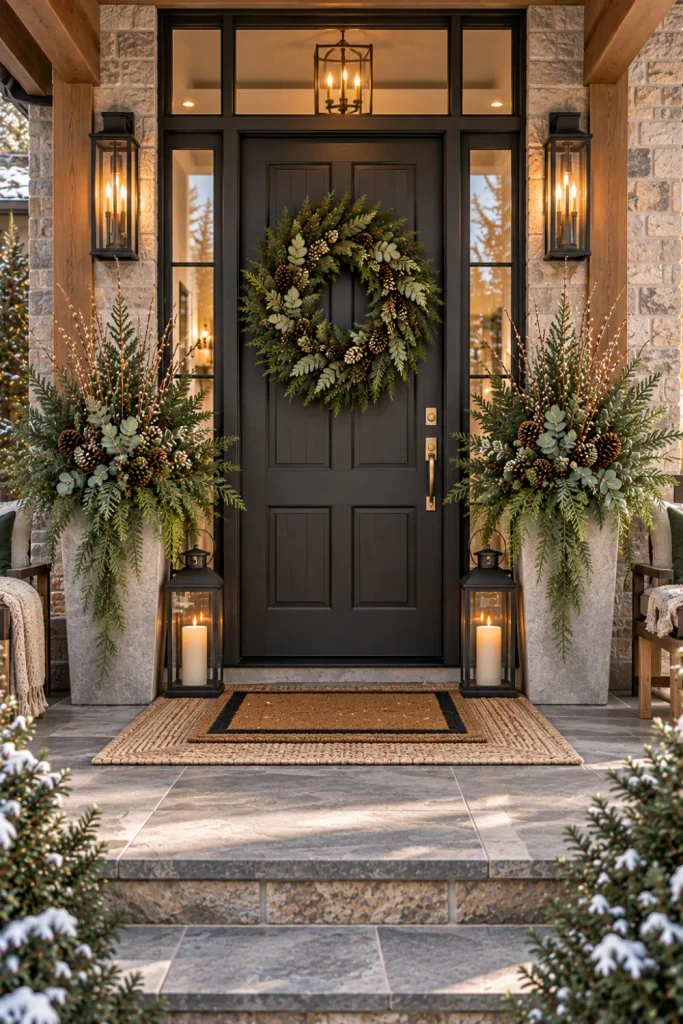 Symmetrical elegant winter entry with matching evergreen planters, warm lanterns, neutral layers, and refined modern exterior décor.