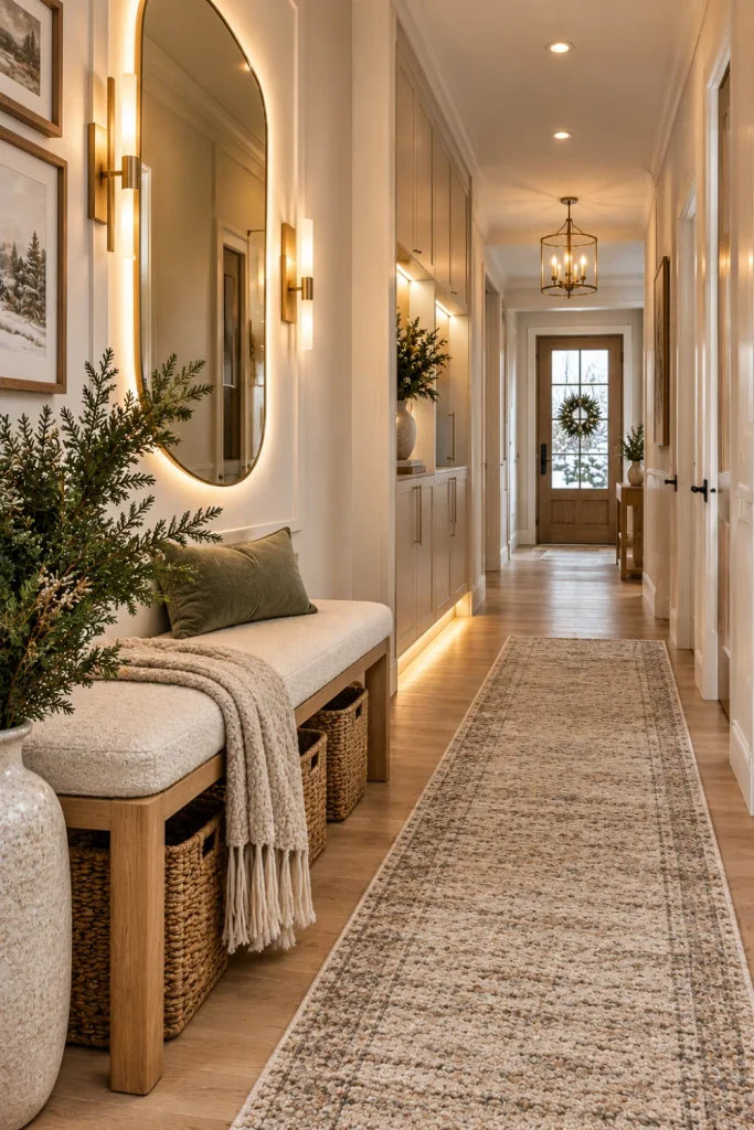 Textured cozy winter hallway with a long runner, woven baskets, a modern bench, framed wall art, evergreen décor, and warm ambient lighting.
