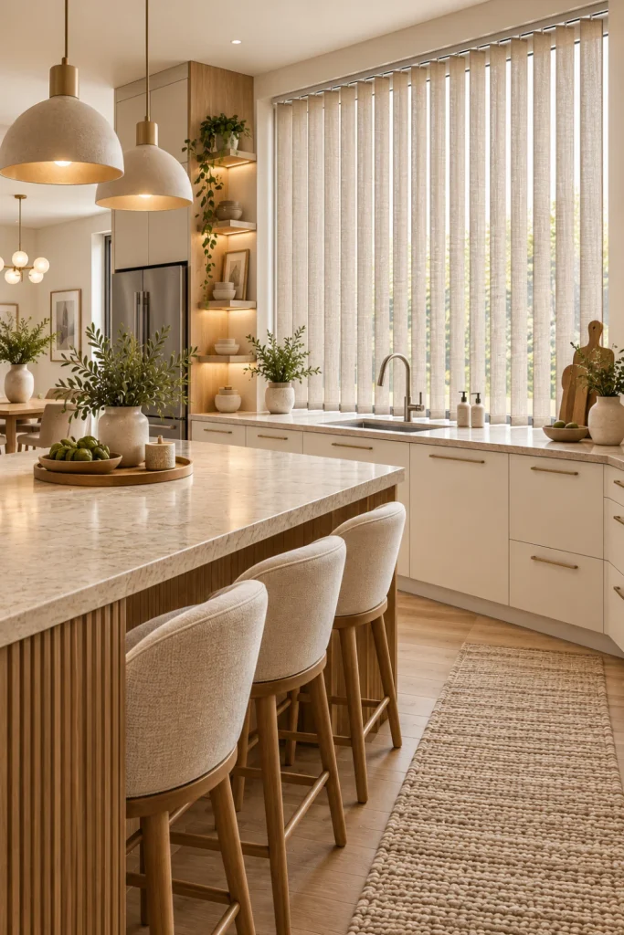 Modern minimalist kitchen with textured fabric vertical blinds in a large window, smooth neutral cabinetry, oak accents, stone countertops, warm integrated lighting, contemporary décor, and softly layered natural textures.