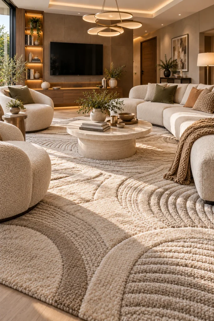 Textured high-low carpet with sculpted tonal patterns in an elegant contemporary living room featuring modern cream seating, warm wood cabinets, and layered lighting.