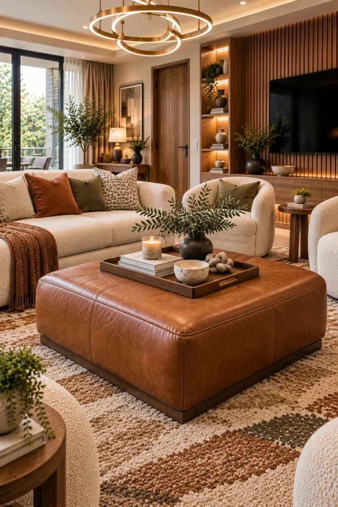 Timeless contemporary chestnut leather ottoman coffee table anchoring an elegant modern living room with a cream boucle sofa, ivory chairs, layered designer rug, fluted oak TV wall, warm LED cabinetry, walnut console, modern chandelier, and sophisticated decor.