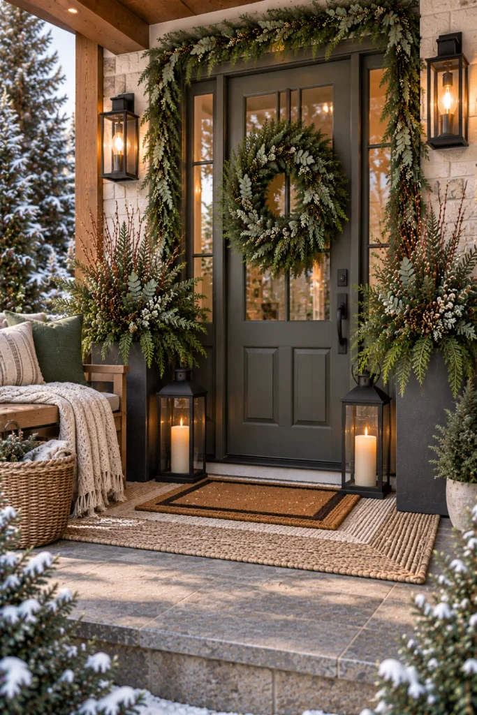 Timeless winter front porch beyond Christmas with cedar garland, evergreen wreath, neutral planters, lanterns, natural wood, and cozy textures.