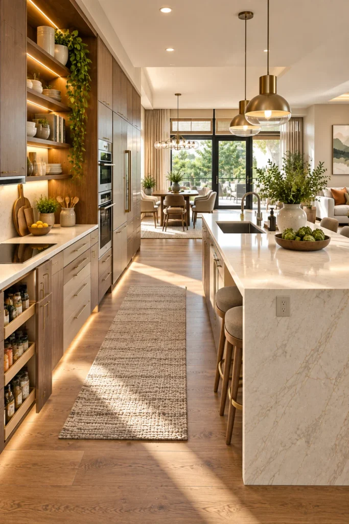 Traffic-friendly modern open kitchen with generous walkways, smart storage, tall pantry cabinets, streamlined island, and contemporary luxury finishes.
