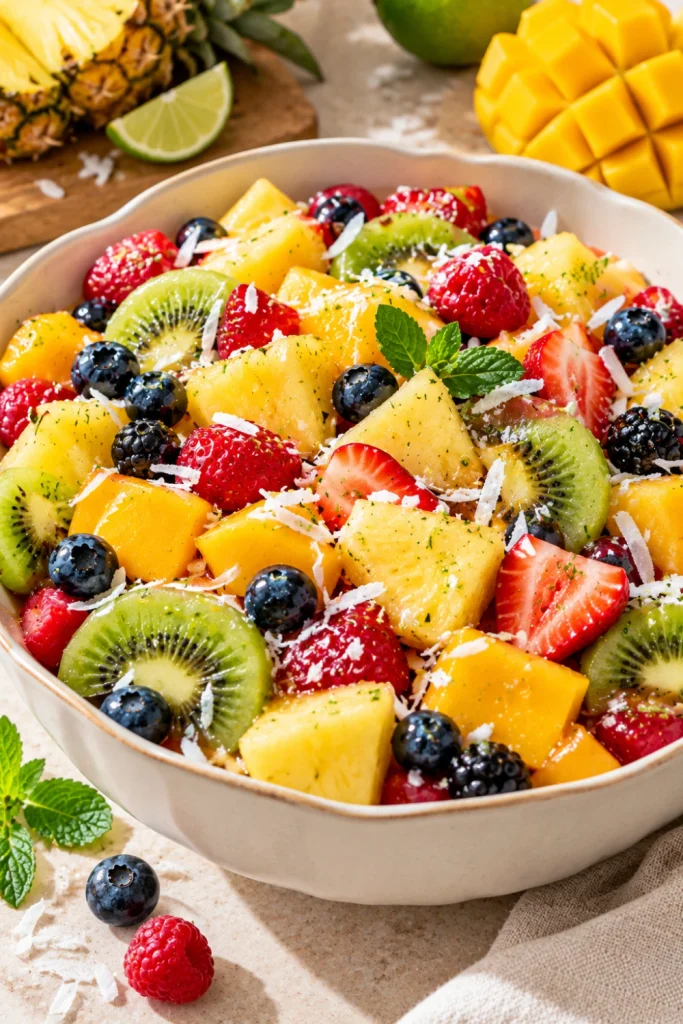 Tropical fruit salad with pineapple, mango, kiwi, coconut, berries, lime dressing, and bright summer colors in a modern ceramic bowl.