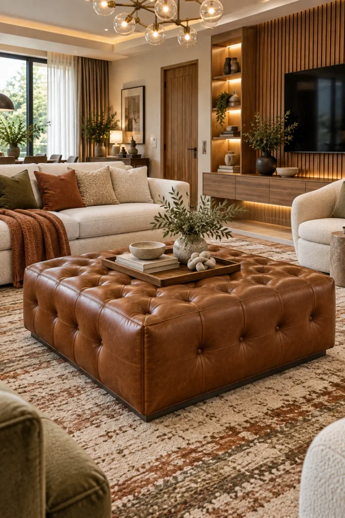 Elegant tufted cognac leather ottoman coffee table in a refined contemporary living room with ivory sofa, curved lounge chair, layered neutral rug, warm wood feature wall, mounted TV, illuminated cabinets, chandelier, and curated decor.