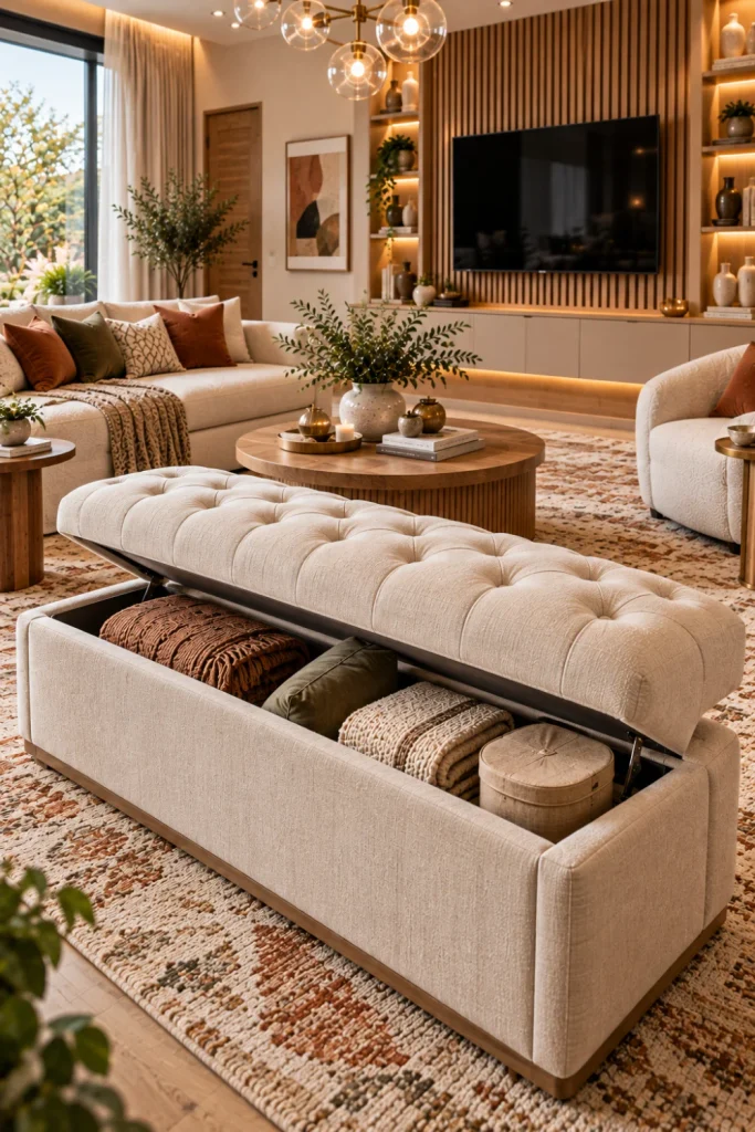 Elegant contemporary living room with a tufted cream storage bench, folded blankets inside concealed storage, a modern sofa, a textured rug, wood cabinetry, a wall-mounted TV, and warm lighting.