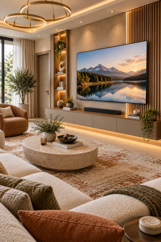 Modern TV feature wall with a floating cabinet, hidden storage, warm LED lighting, neutral seating, textured rug, and contemporary décor.
