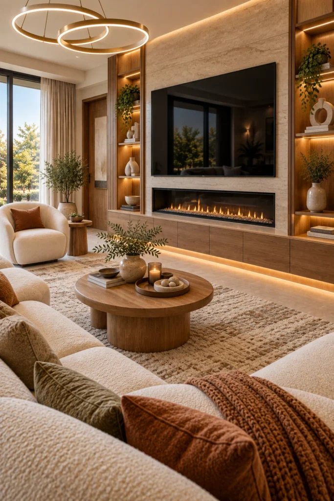 Ultra-realistic luxury living room with a wall-mounted flat-screen TV positioned above a sleek linear fireplace, surrounded by a warm stone and oak media wall, concealed cabinetry, cream boucle seating, a textured rug, warm LED lighting, and elegant contemporary decor.