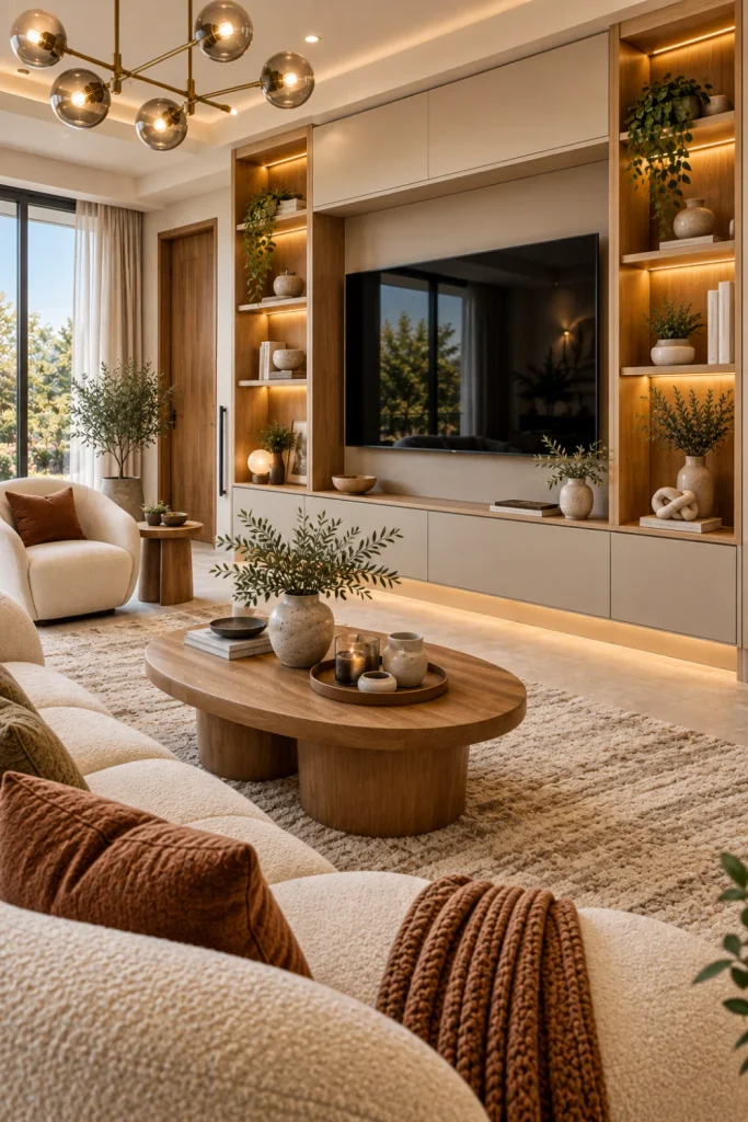 Modern living room featuring a centered wall-mounted TV surrounded by built-in open shelving and concealed storage cabinets, warm oak detailing, cream seating, textured area rug, integrated LED shelf lighting, contemporary decor, and clean architectural styling.