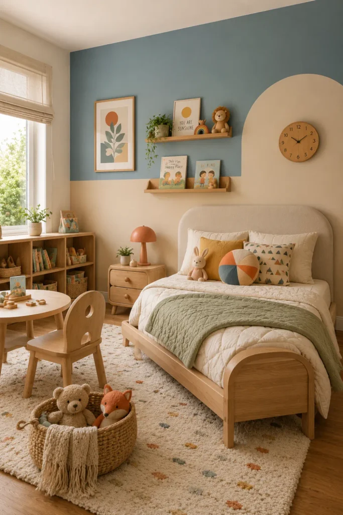 Colorful modern kids’ room with a two-tone accent wall, playful contemporary decor, curved furniture, neutral bedding, and stylish 2026 design.