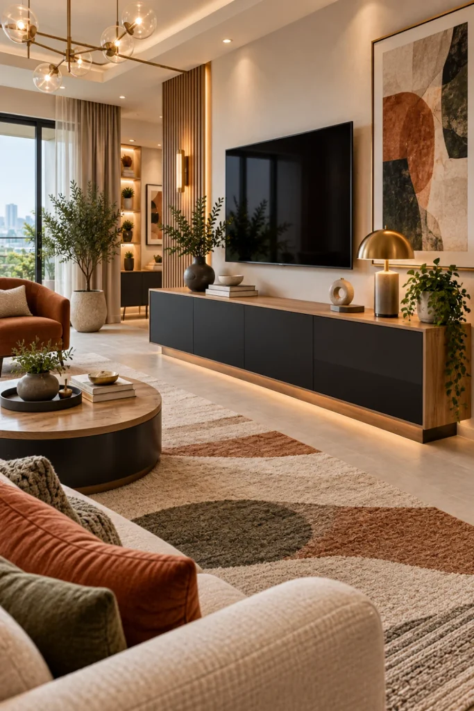 Two-tone console cabinet combining warm wood and matte black in a colorful contemporary living room with stylish décor and modern lighting.