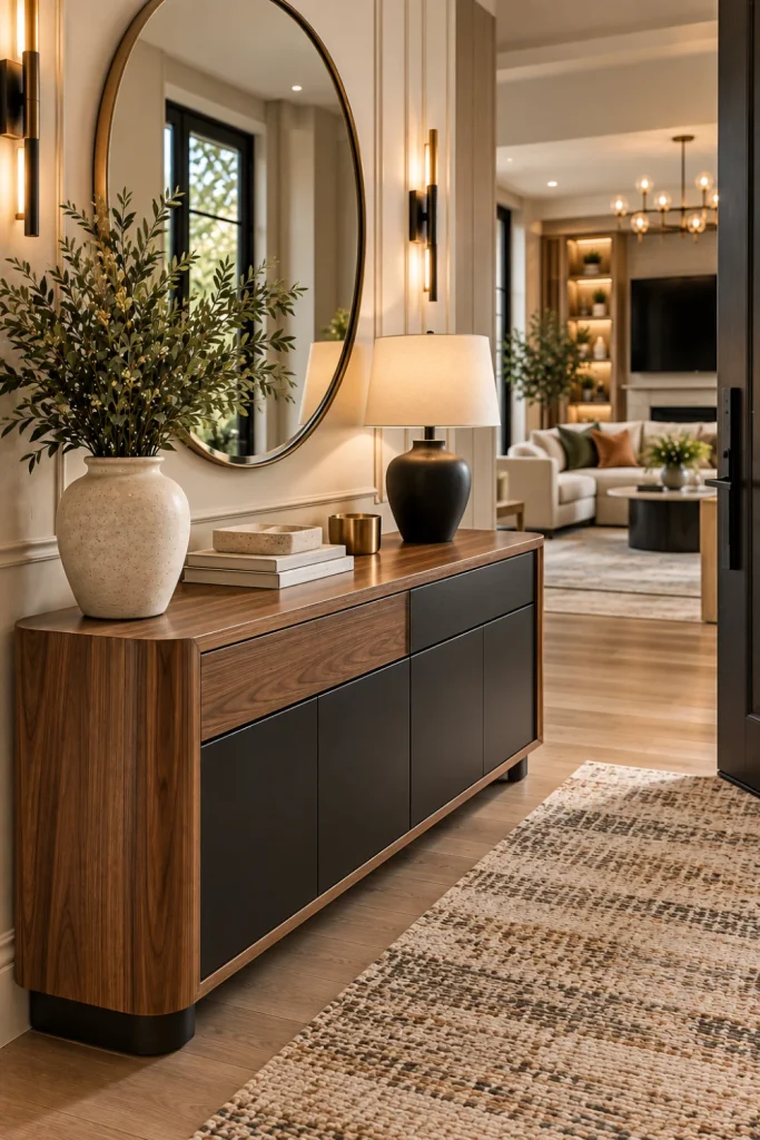 Two-tone modern console table with hidden storage in a stylish foyer, combining warm wood and matte black finishes with elegant decor, textured rug, mirror, and layered lighting.