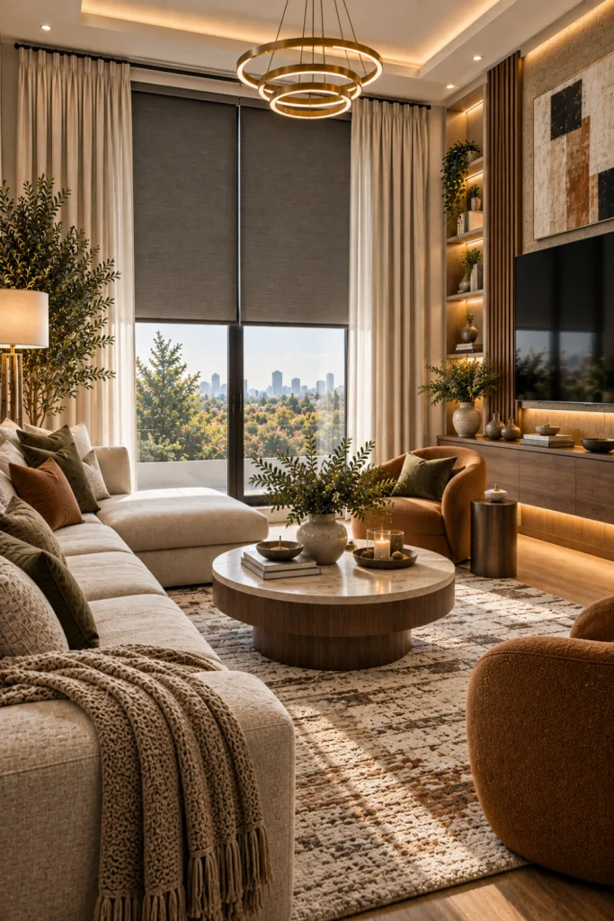Designer modern living room with two-tone curtains and blinds, sophisticated sectional seating, luxury rug, custom media cabinetry, contemporary chandelier, and layered décor.