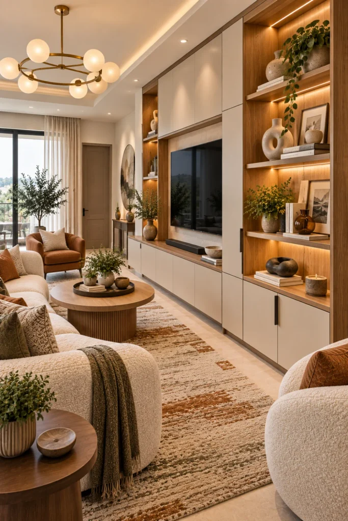 Two-tone display cabinet combining warm oak and cream finishes in a stylish modern living room, decorated with ceramics and books beside a cream sofa, contemporary TV, textured rug, and warm lighting.