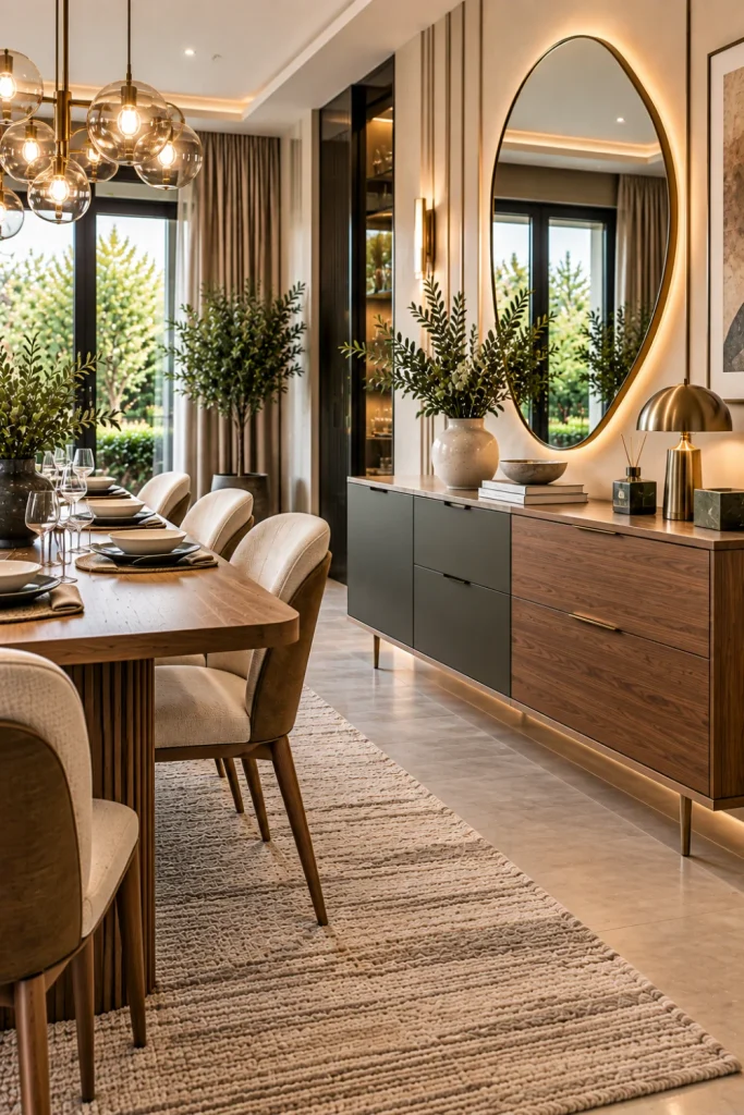 Two-tone modern dining room sideboard combining wood and contemporary finishes with elegant furniture, designer decor, modern lighting, and luxury styling.