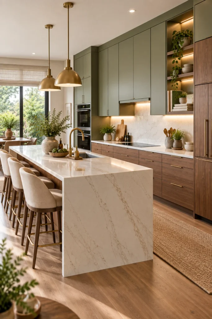Two-tone modern kitchen storage cabinets combining warm wood and elegant muted cabinetry in a vibrant luxury contemporary kitchen.