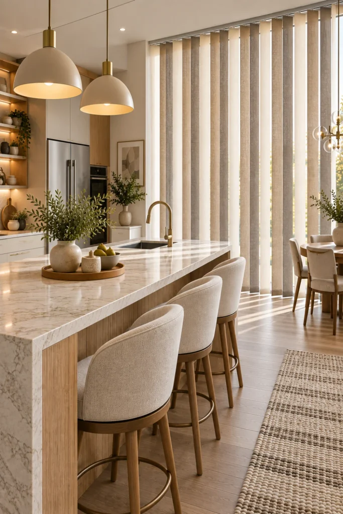 Contemporary kitchen with two-tone neutral vertical blinds combining soft cream and taupe panels, warm oak cabinetry, stone countertops, elegant pendant lighting, integrated LEDs, and coordinated neutral décor.